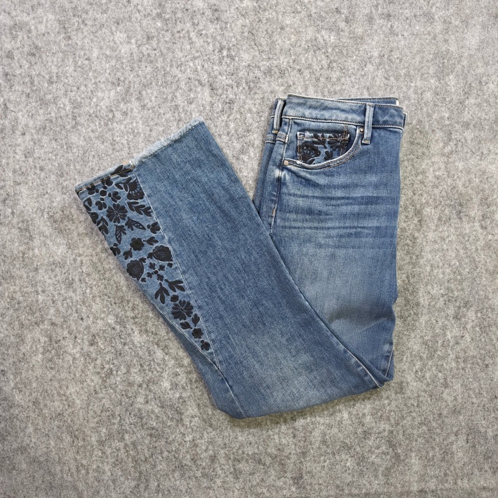 Driftwood Womens Embroidered Crop Flare Jeans Blue Floral Raw Hem size 29 31x26